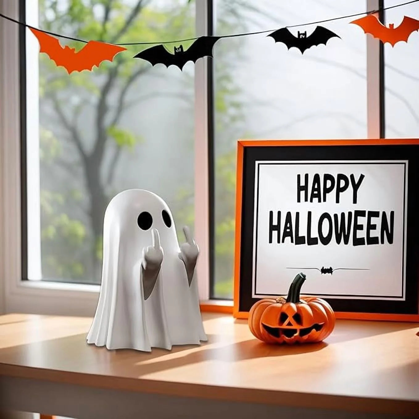 Halloween Ghost Figurine - Spooky Finger Ghost Statue, Cute Finger Ghost Decor for Halloween Decorations, Porch and Indoor Spooky Home Decor (White)